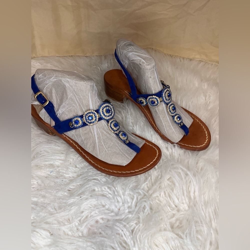 Moda positano Elegant Blue Beaded Women's Sandals - Picture 2 of 6